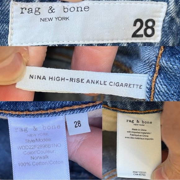 Rag & Bone Wm’s Nina High-Rise Ankle Cigarette Jean In Norwalk Wash Sz 28 - Picture 3 of 16